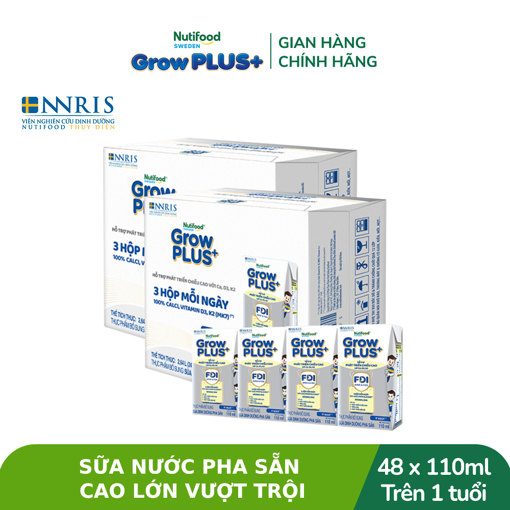 Combo 2 thùng Sữa Nước Pha Sẵn Nutifood Sweden GrowPLUS+ Cao lớn vượt trội - Hỗ trợ phát triển chiều cao - Trên 1 tuổi  - 24 hộp x 110ml