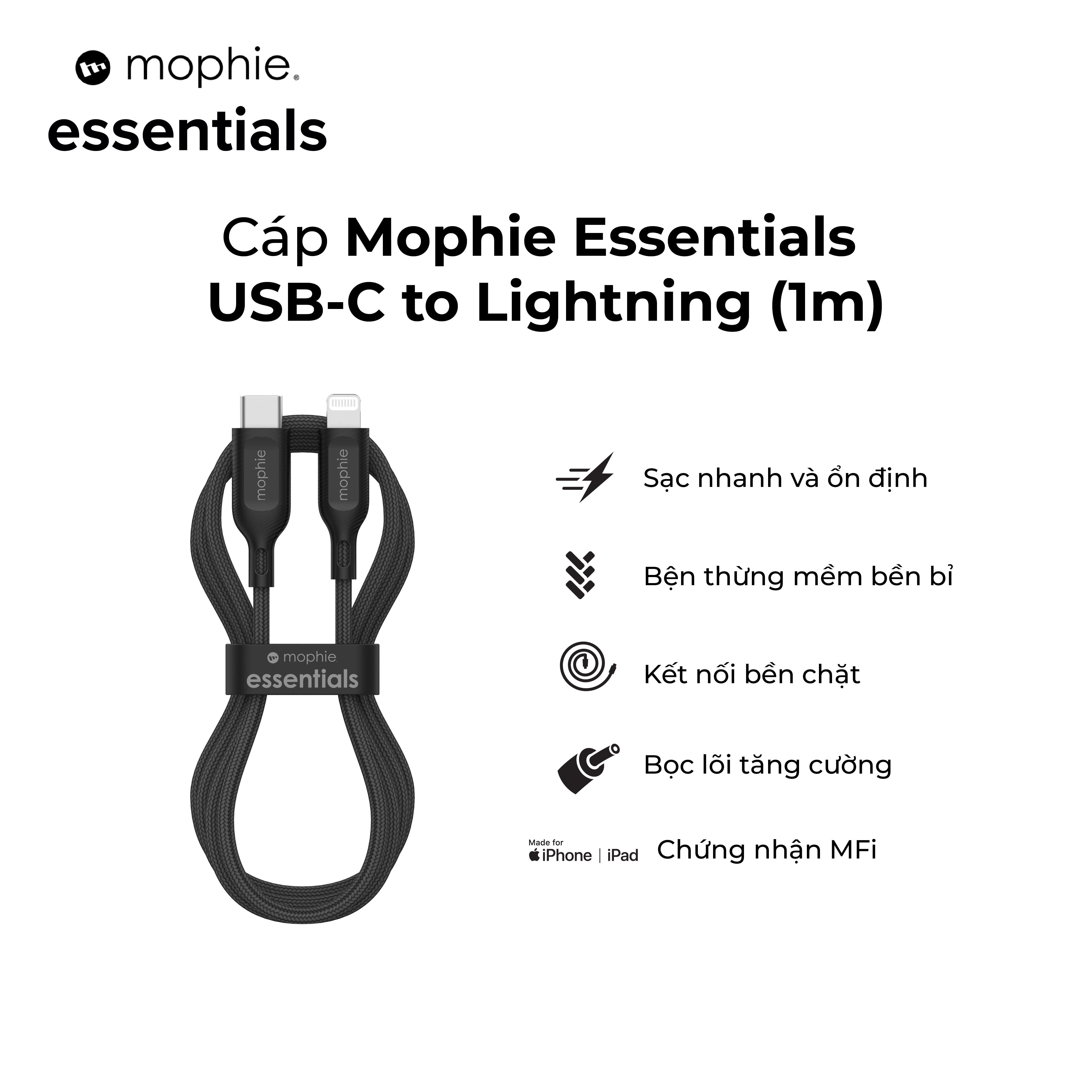 Cáp USB-C to Lightning Mophie 1M/1.8M - Đạt chuẩn MFI