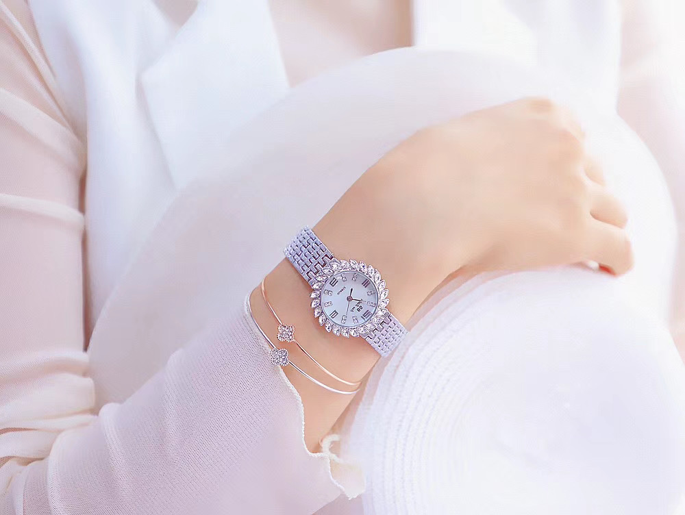 Đồng hồ nữ đẹp dây kim loại viền cánh hoa đá bs1550 trắng chống nước, chống xước + Tặng hộp + pin phụ AG04 + tặng lắc tay