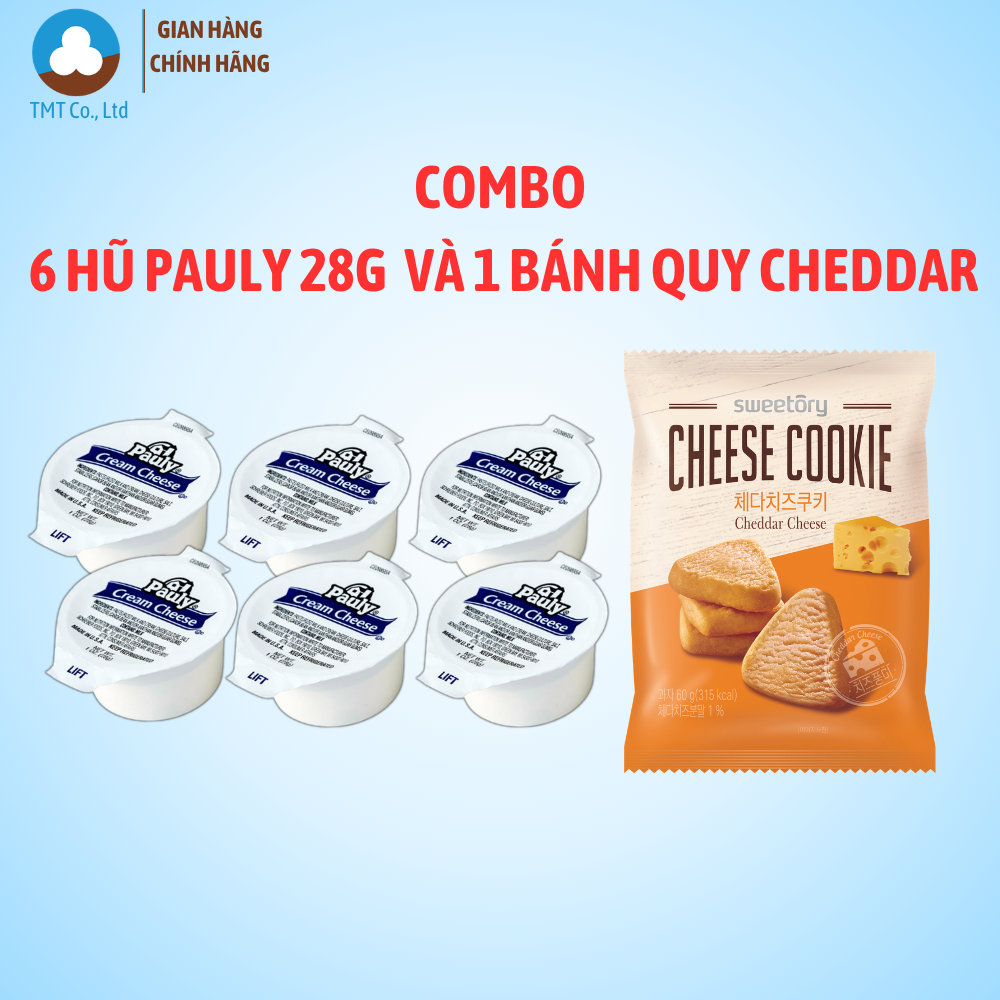 Combo 6 hũ phô mai kem Pauly Cream Cheese 28g, làm từ sữa, không dầu cọ, nhập khẩu Mỹ + Bánh quy Sweetory
