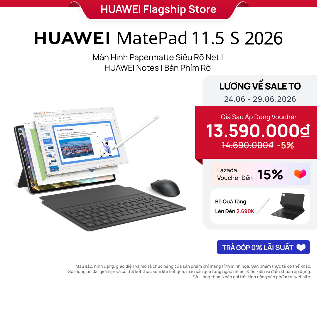 Máy tính bảng HUAWEI MatePad 11.5 S 2026 | Màn Hình Papermatte Siêu Rõ Nét | HUAWEI Notes | Bàn Phím Rời