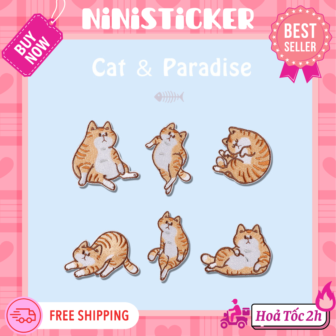 Iron Patch, Miếng Ủi Thêu Quần Áo, Sticker Vá Đồ Rách Mèo Mỹ Diệu Bầy Hầy Ngồi Lủng Tường Vitamin Mè