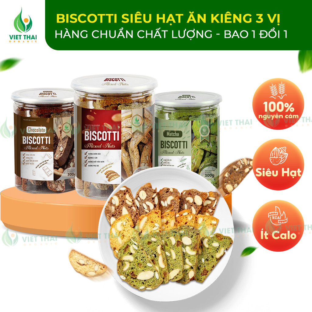 Bánh Biscotti mix 3 vị ăn kiêng, giảm cân heathly 100% nguyên cám, siêu hạt ăn sáng dinh dưỡng Việt Thái Organic