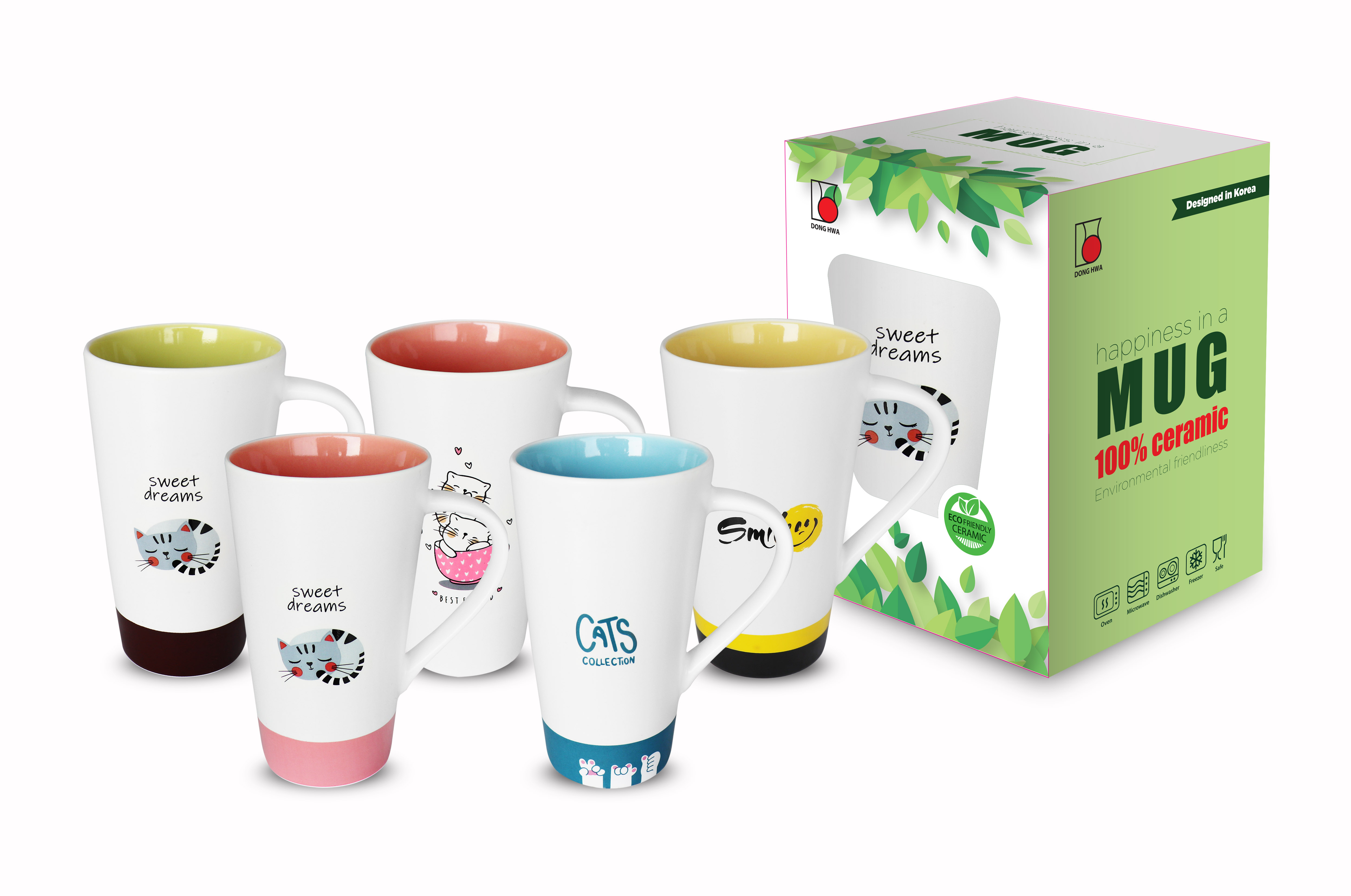 Ly Sứ Dong Hwa Họa Tiết Mèo Con Dáng Cao Phong Cách Hàn Quốc 400ml C1503-01