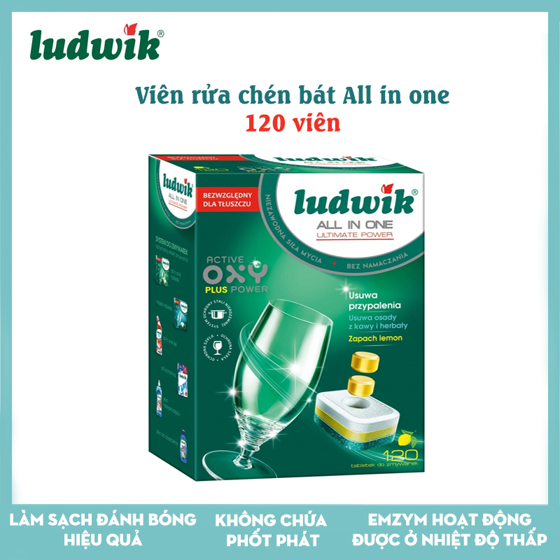 Viên rửa chén bát Ludwik All in one 120 viên cho máy rửa bát, làm sạch đánh bóng hiệu quả, xuất xứ Ba Lan