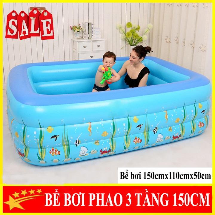 Bể bơi 1m5 đáy chống trơn trượt cho bé thích bơi lội - Bể phao bơi 3 tầng cho bé loại 150cmx110cmx50cm