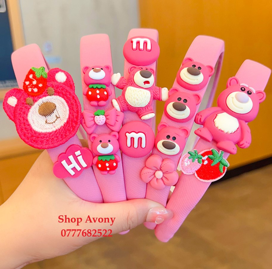 Cài tóc - Bờm tóc vài màu hồng đính icon gấu dâu
