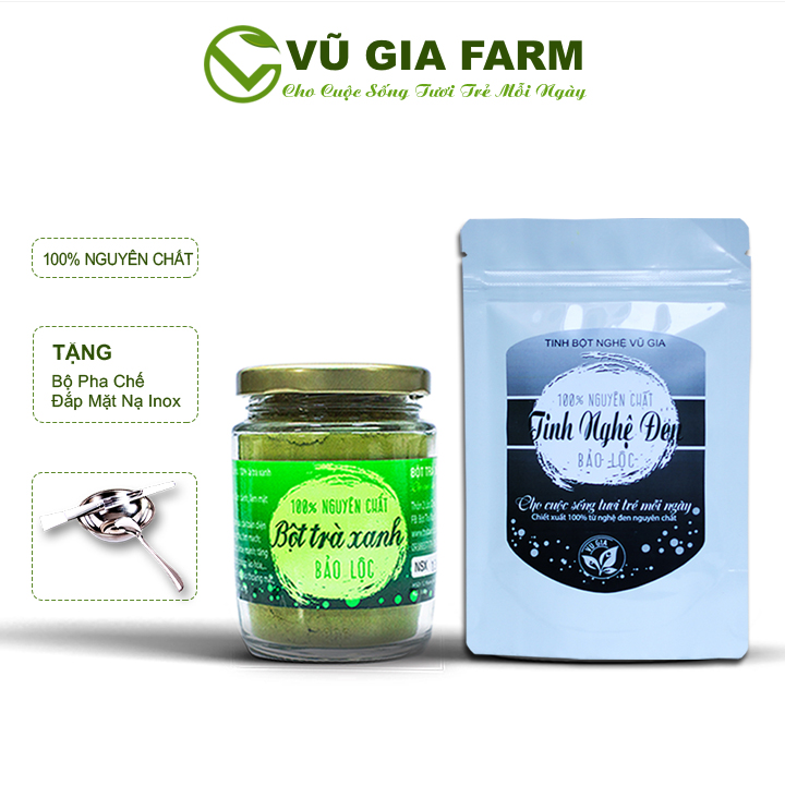 Combo Tinh Nghệ Đen + Bột Trà Xanh - Nguyên Chất Bảo Lộc Vũ Gia (100g/hũ/túi) + Tặng Cọ Quét - Đắp mặt nạ dưỡng da, đẹp da, trắng da