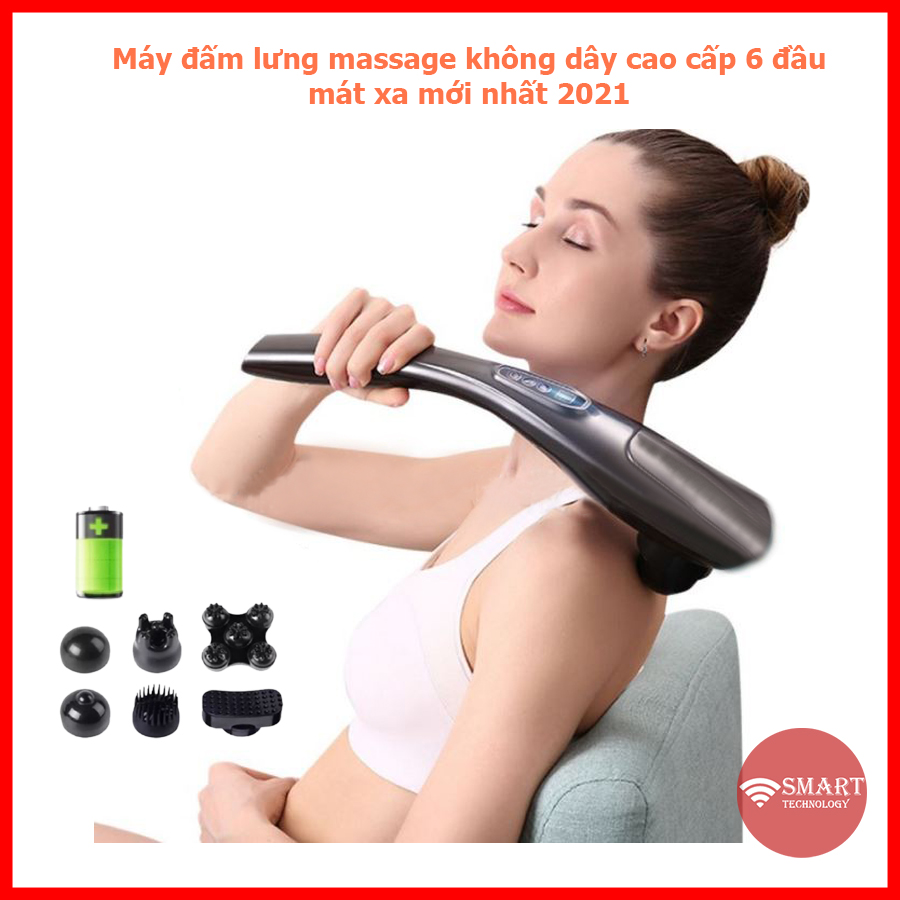 Máy Massage Đấm Lưng Cầm Tay Sạc Pin Không Dây 6 Đầu Phiên Bản Mới 2021, Máy Mát Xa Cầm Tay Cao Cấp Massage Toàn Thân, Cổ, Vai, Eo, Lưng, Chân Dễ Dàng (Có bảo hành)