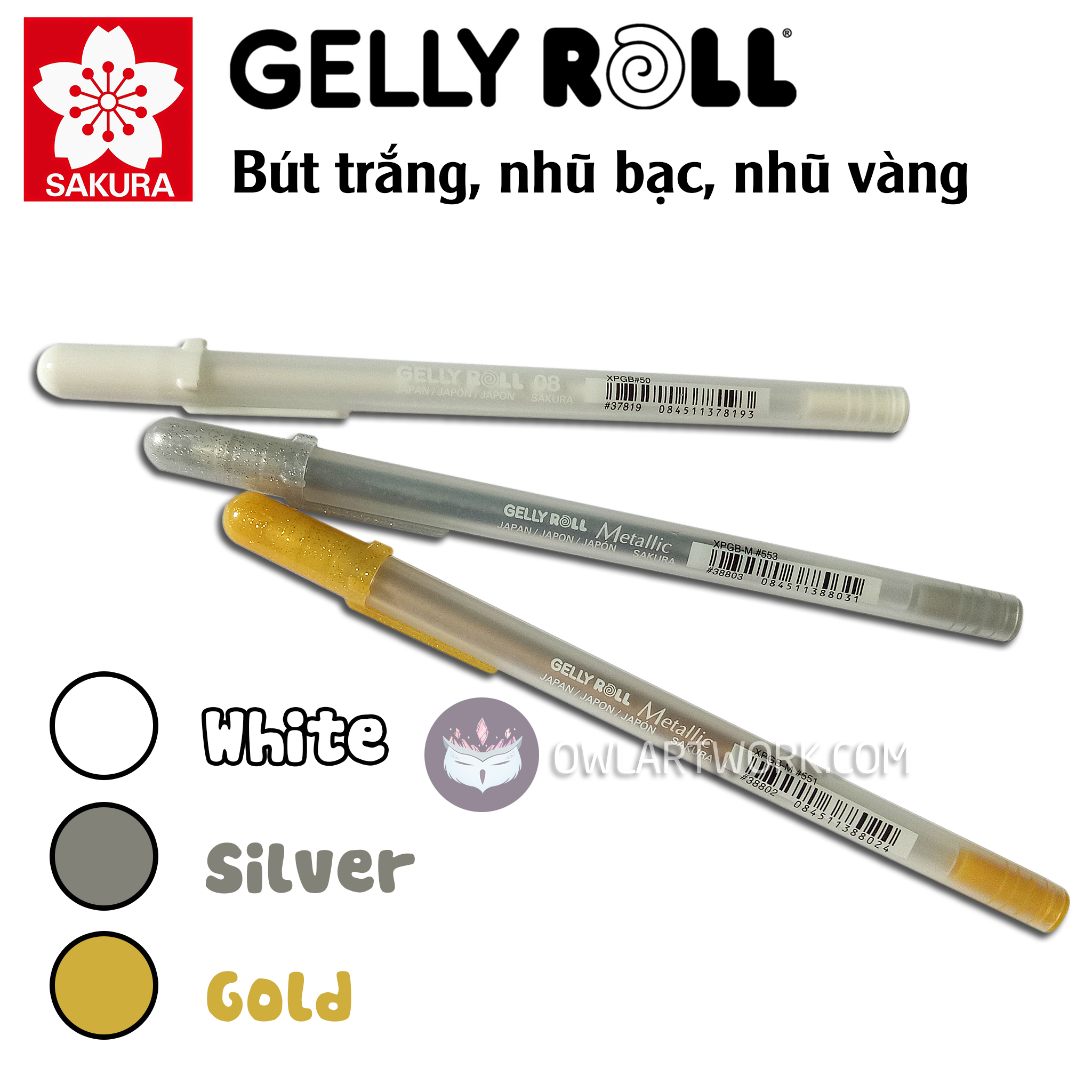[HCM]Bút Gelly Roll SAKURA Trắng nhũ vàng nhũ bạc