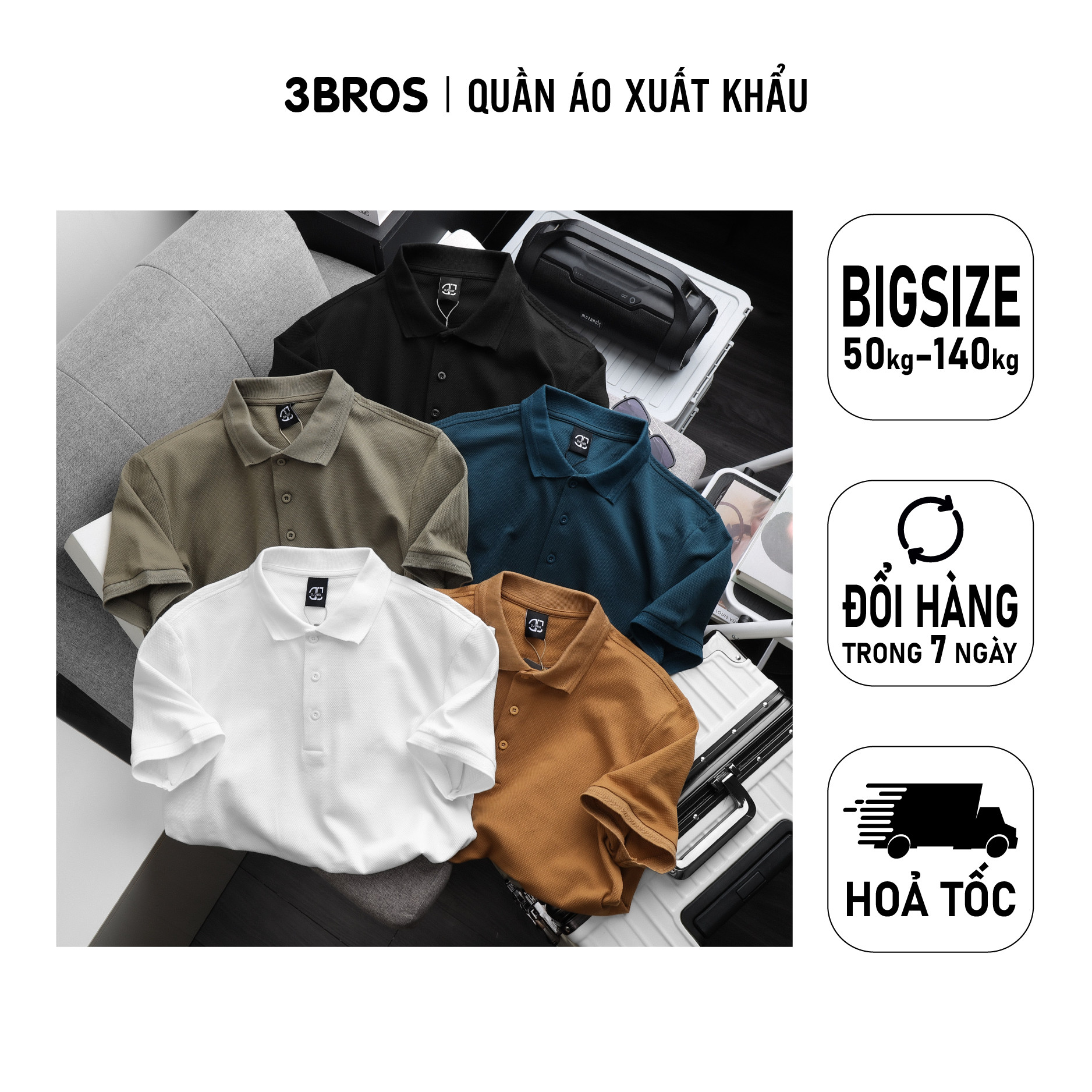 Áo polo nam basic cotton Nhật không nhăn , Áo thun nam cổ bẻ trơn bigsize - 3bros