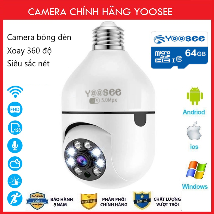 Camera wifi Yoosee bóng đèn đêm có màu 5.0mpx FULL HD siêu nét xoay 360 độ đàm thoại 2 chiều cảnh báo chuyển động BH 12 tháng