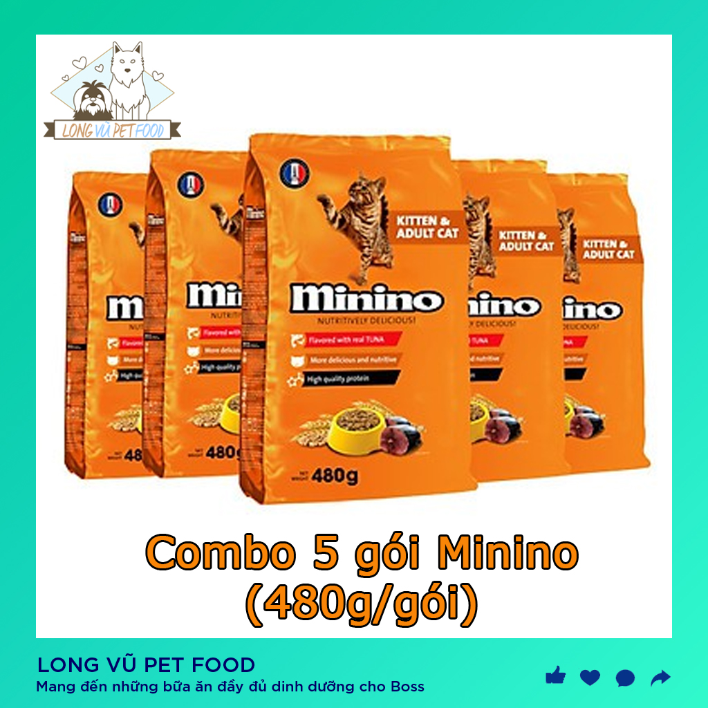 (Combo 5 gói) Thức ăn vị cá ngừ dành cho mèo mọi lứa tuổi - thức ăn cho mèo minino 480g/gói - Long Vũ Pet Food