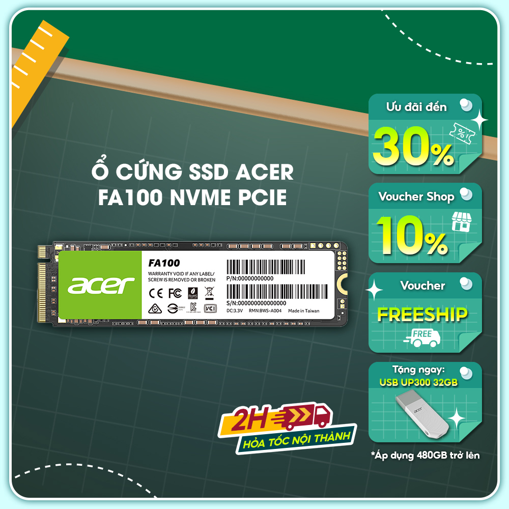 Ổ cứng ssd acer fa100 m.2 nvme pcie gen3 tốc độ tối đa 3300 mb/s - hàng chính hãng bảo hành 5 năm | ổ cứng gắn trong ssd 128gb | 256gb | 512gb
