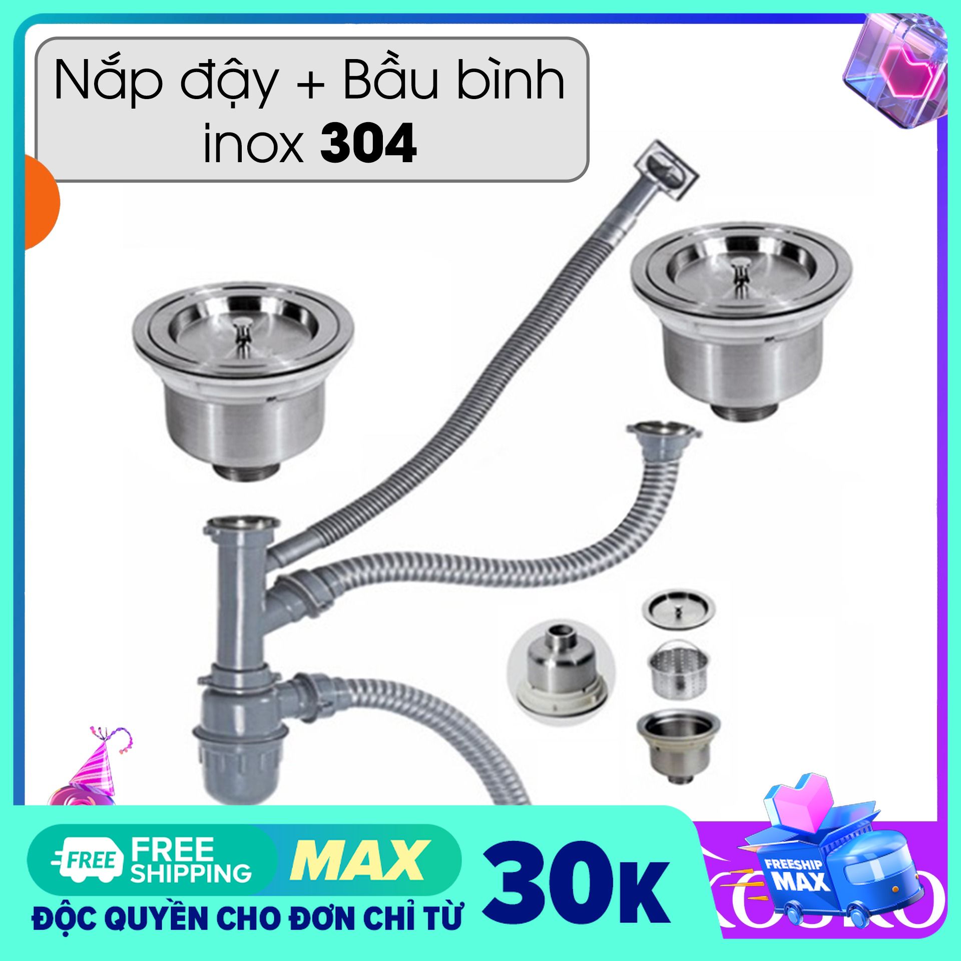 Bộ xiphong ống xả chậu rửa bát inox 2 hố 7843, phù hợp với mọi loại chậu có cùng kích thước