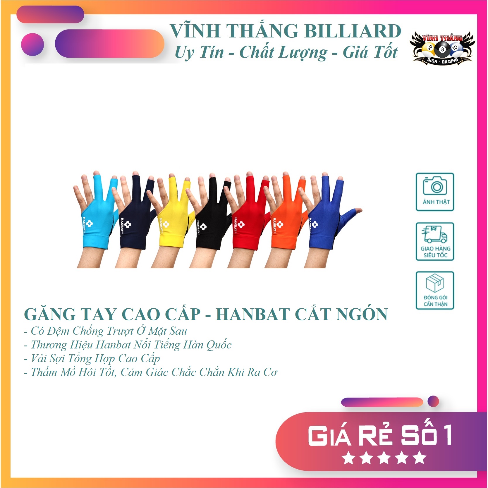 Găng tay bida hanbat cắt ngón - có đệm chống trượt mặt sau _phụ kiện bida vĩnh thắng