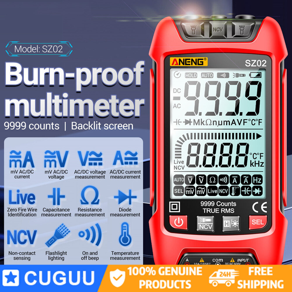 Cuguu đồng hồ vạn năng kỹ thuật số phạm vi tự động sz01 sz02 vôn kế ac dc 9999 số đếm ampe máy kiểm tra bóng bán dẫn nhiệt độ điện dung điện trở ncv