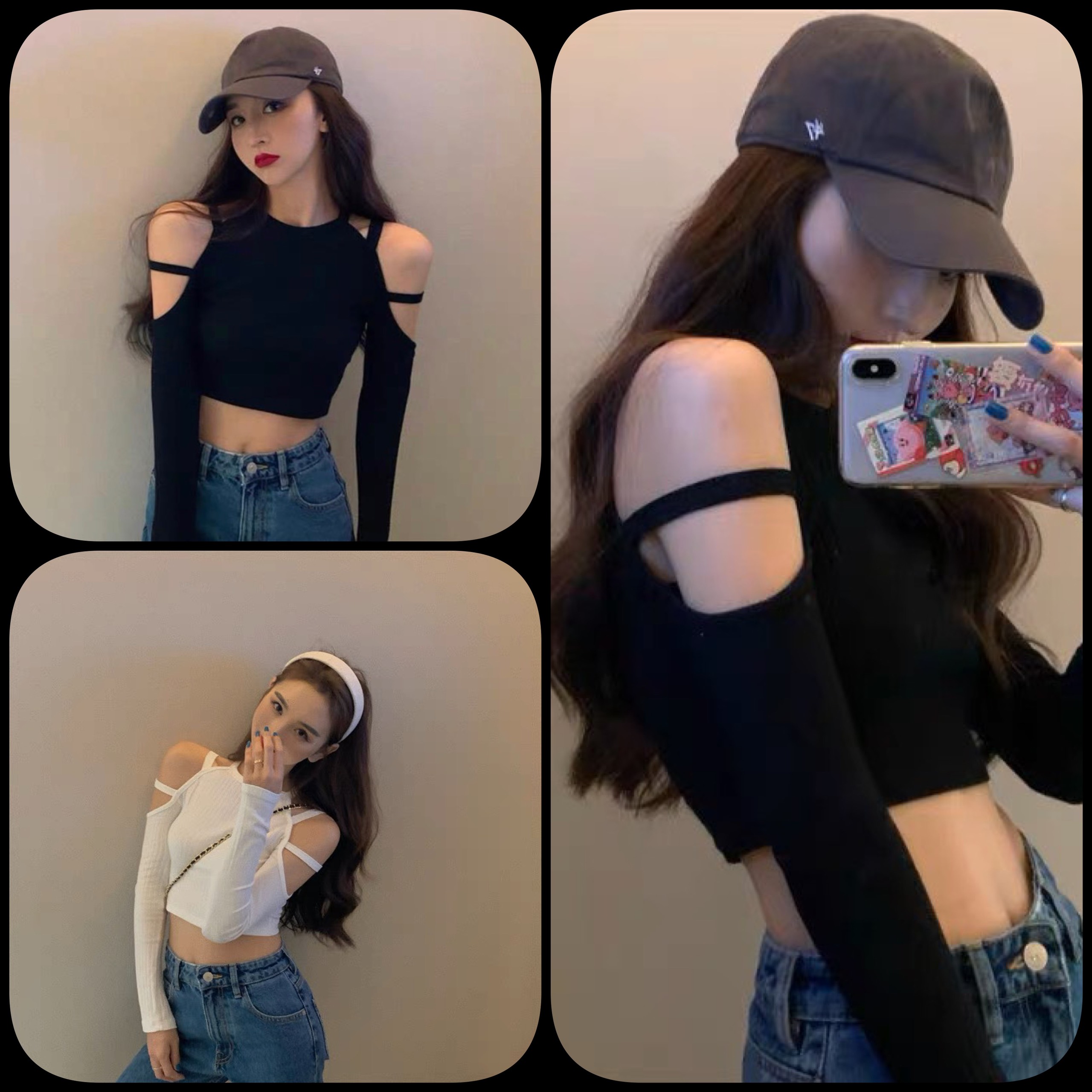 Áo thun croptop tay dài cổ tròn cutout vai