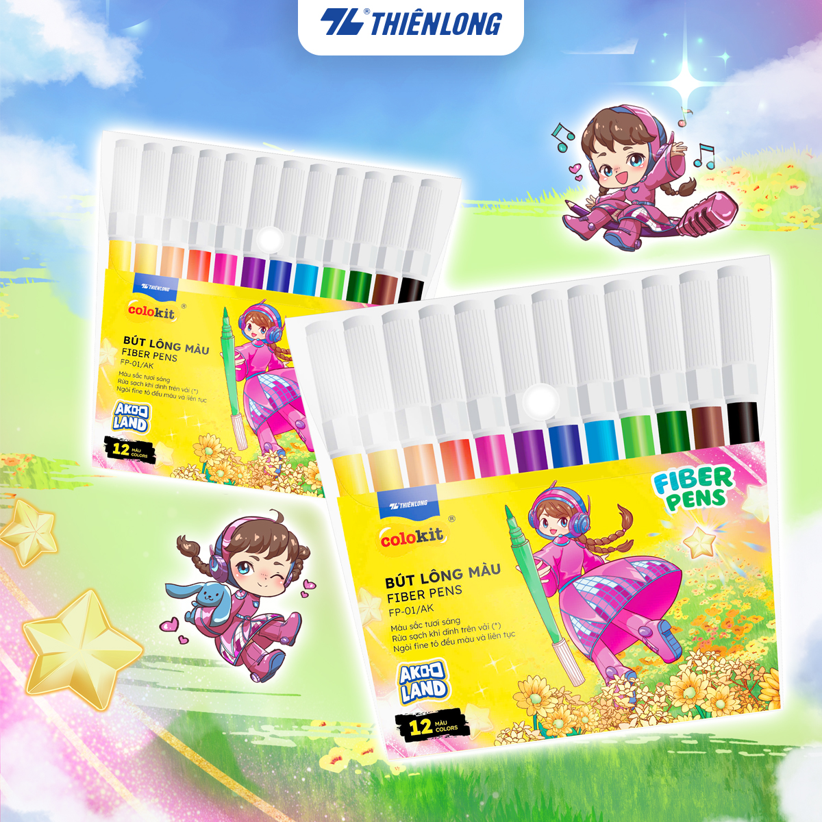  Bút lông 12 màu Fiber Pen Thiên Long Colokit FP-01 AK - Ngòi Fine tô đều màu và liên tục - Phiên bản Akooland 