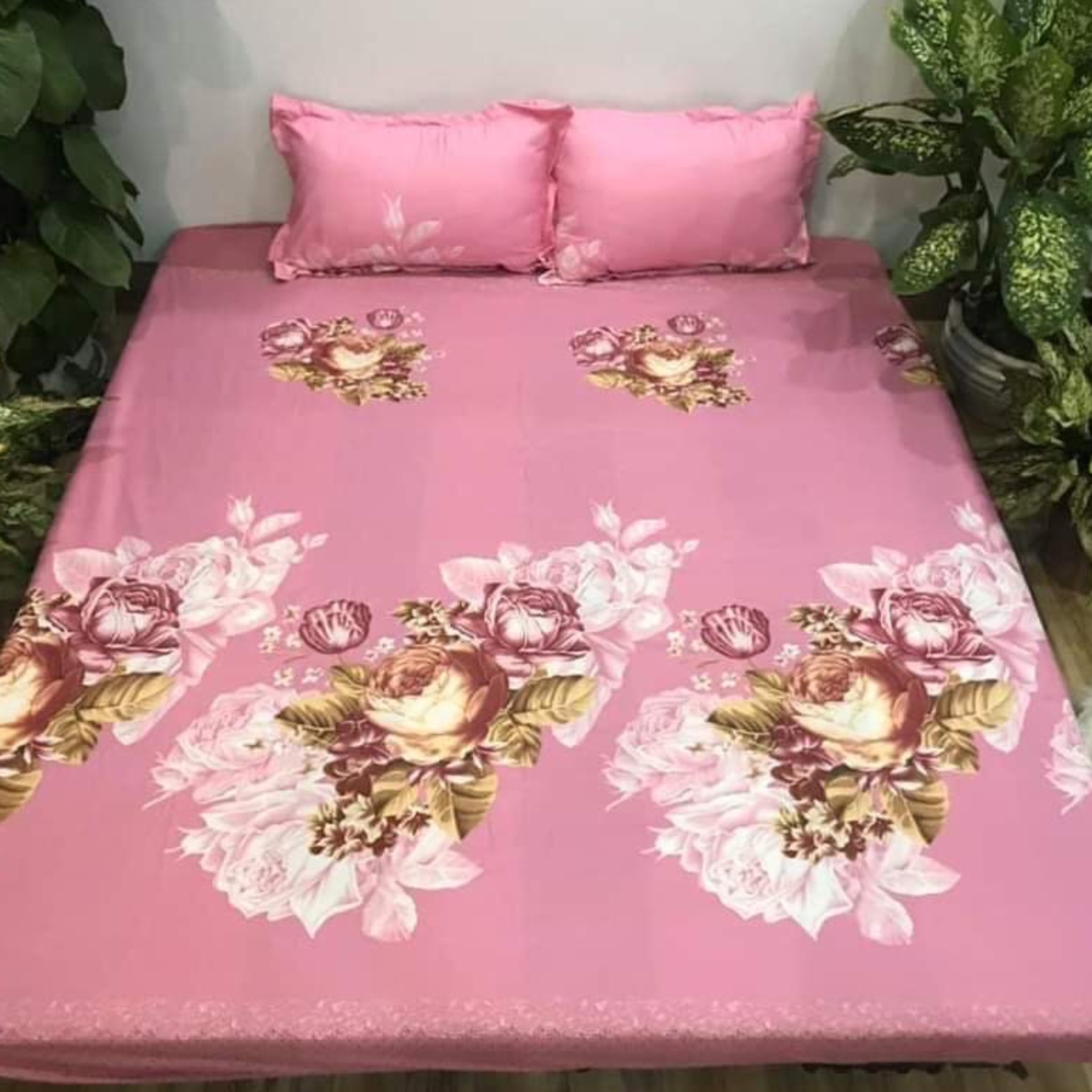 Bộ ga gối cotton Việt hoa chùm hồng bo chun đủ kích thước
