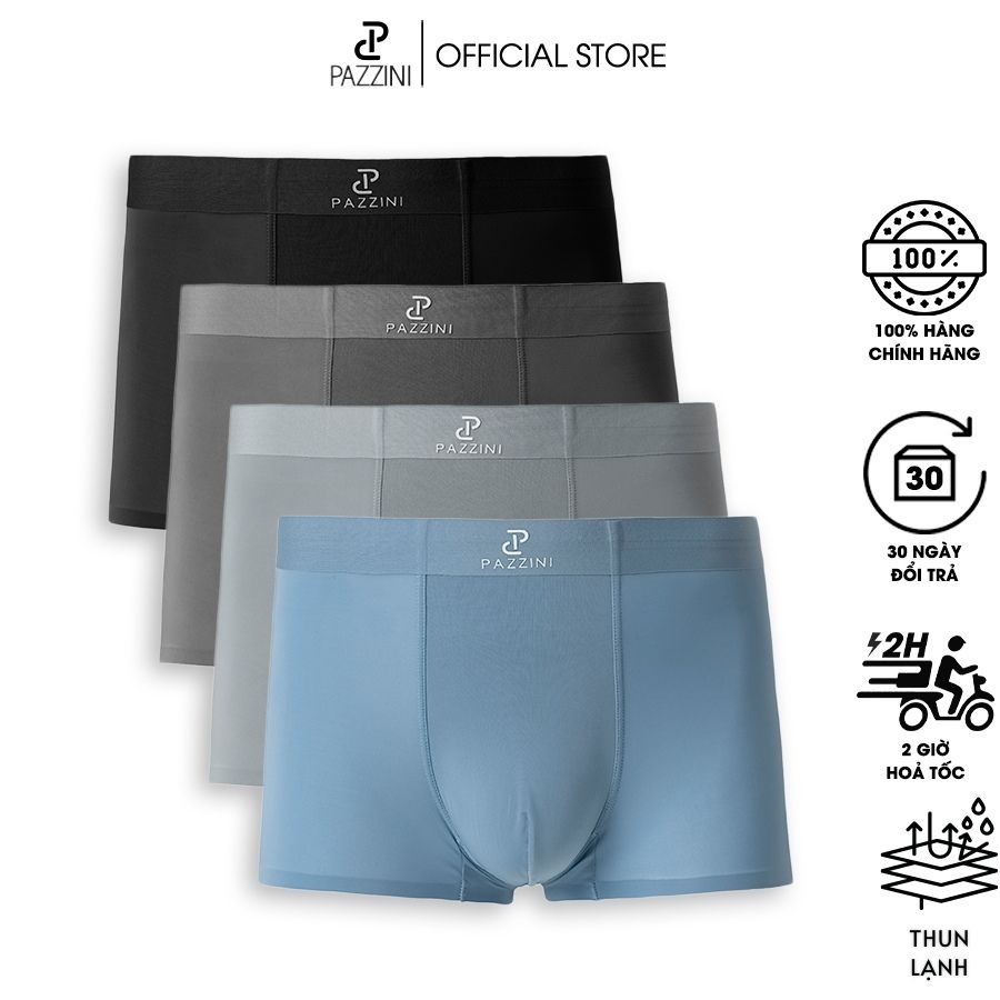 Combo 4 quần lót nam boxer PAZZINI thun lạnh cao cấp, quần sịp nam co giãn 4 chiều, thấm hút kháng khuẩn tốt - BX006.