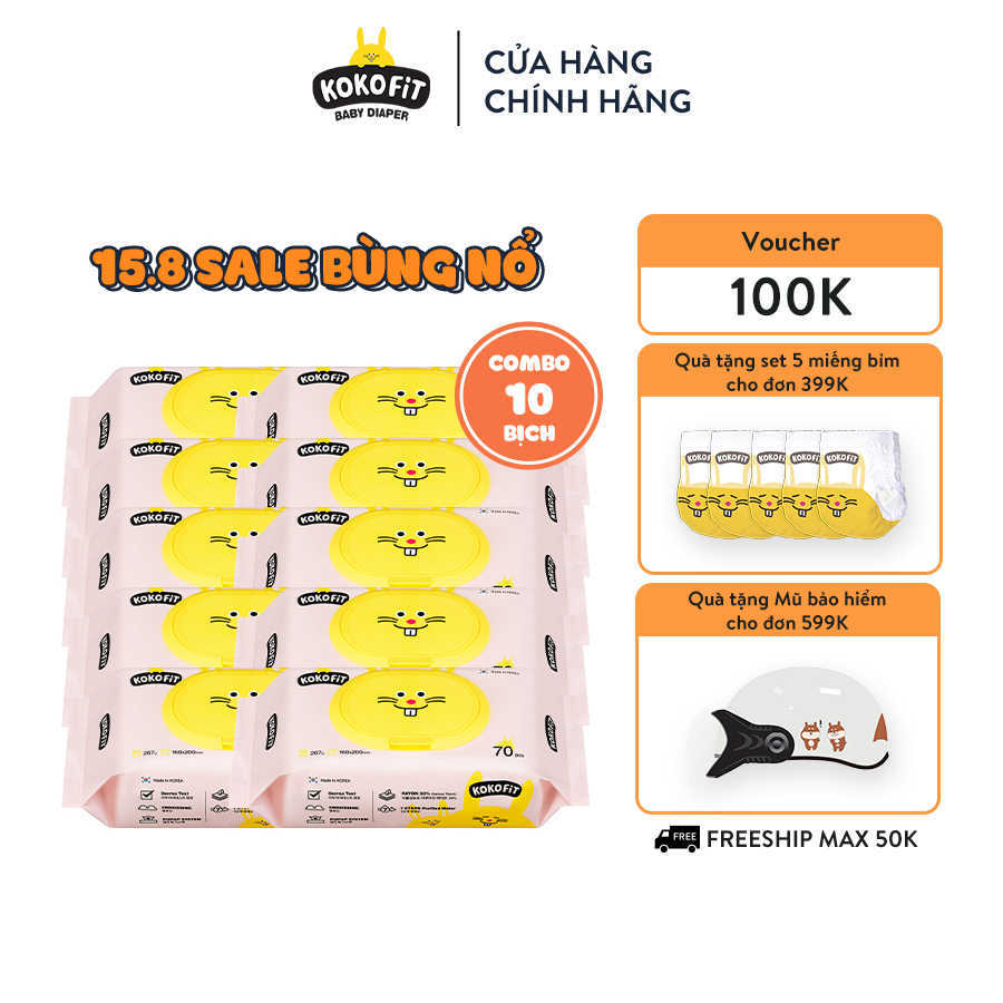 Combo 10 khăn ướt thiên nhiên kokofit màu hồng 50% vải rayon 70 tờ/bịch