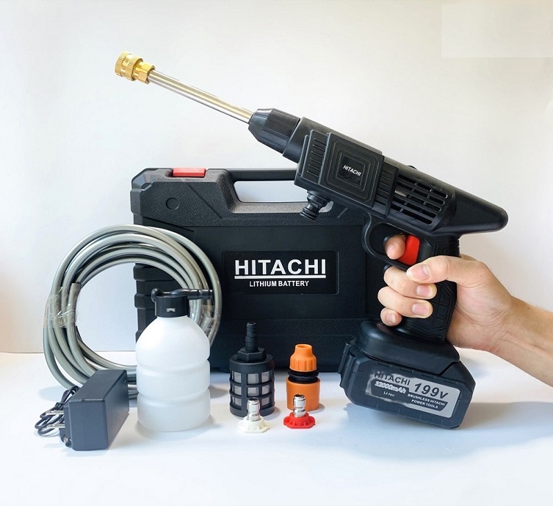 Máy rửa xe Hitachi 199V - Máy Rửa Xe Máy rửa xe mini gia đình máy rửa xe chạy pin 36000MAH, ( 2 Pin Sạc )