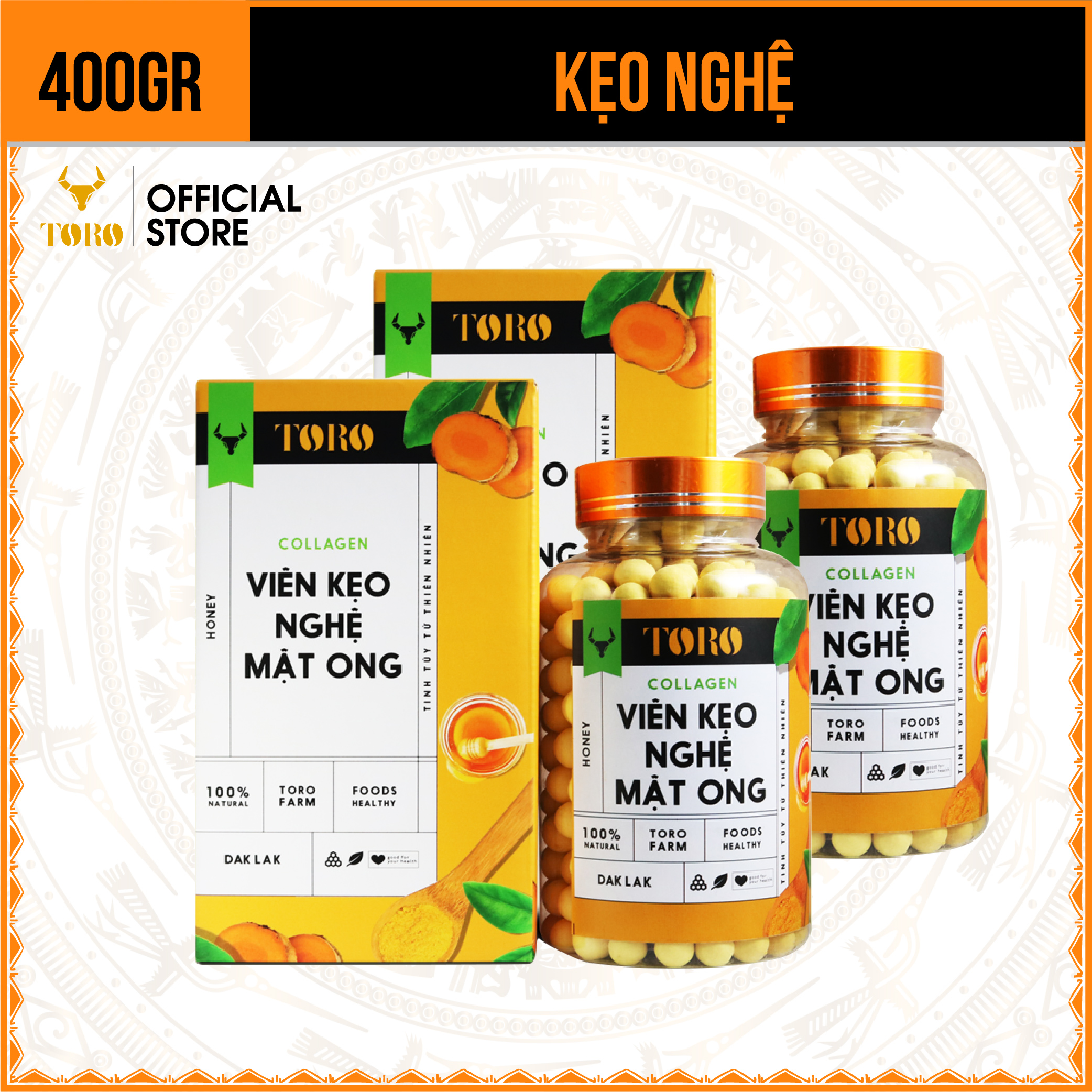 [400GR] Bộ 2 Viên Kẹo Nghệ Mật Ong Collagen Toro Nguyên Chất 100% | 200GR/Hũ | TORO FARM