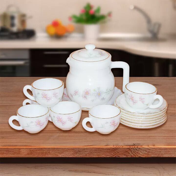 Combo Bộ trà(6 tách+6 đĩa)+bình trà 0.7L thủy tinh ngọc cao cấp USA Home Set,nk Thái Lan, quà tặng ý nghĩa KokiaHome