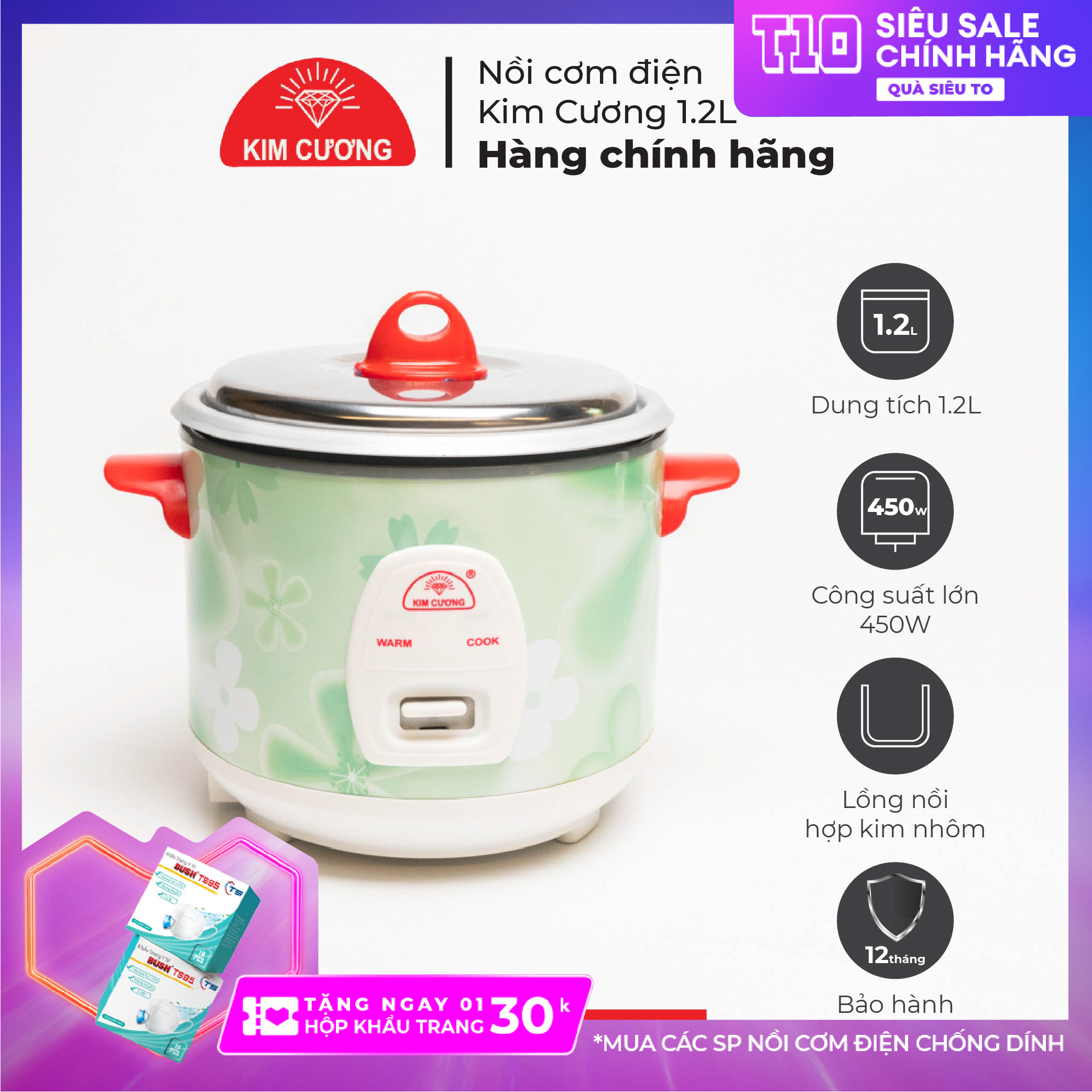 Nồi cơm điện kim cương 1.2 lít - nắp rời