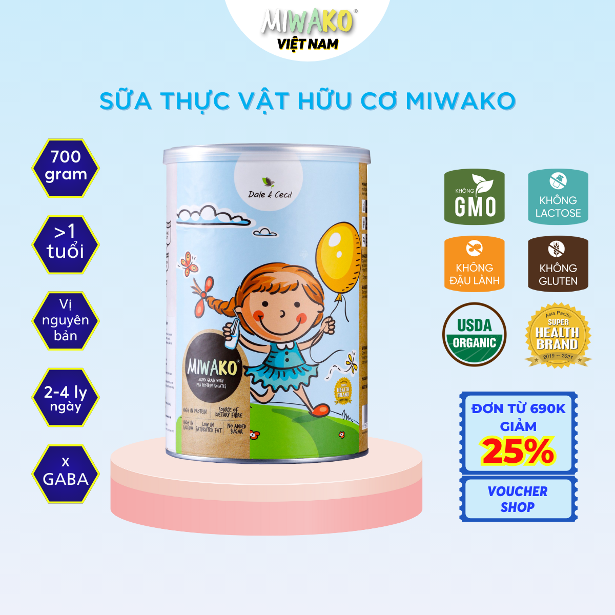 Sữa Miwako Thực Vật Hữu Cơ Vị Gạo Không Đường dành Cho Người Trên 1 Tuổi bị Dị Ứng Đạm Sữa Bò Hộp 400G/700G Nhập Khẩu Malaysia