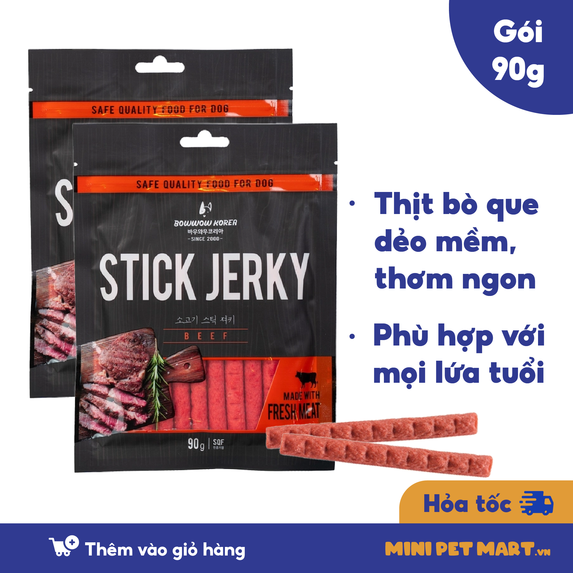 Thịt bò que cho chó bowwow snack ăn vặt bánh thưởng cho chó hỗ trợ huấn luyện gói 90g - mini pet mart