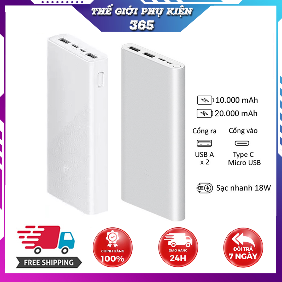 Pin Sạc dự phòng Xiaomi 10.000mAh & 20000mAh Gen3 Xiaomi sạc nhanh 18W hỗ trợ sạc nhanh Tích Hợp Cổng TypeC Bảo Hành 12 Tháng