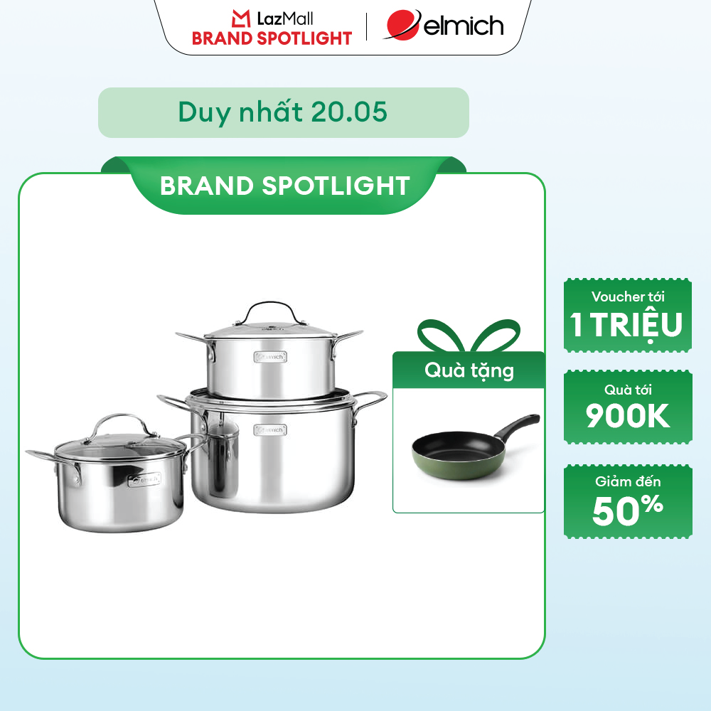 (Chỉ 25-29.05)Bộ nồi inox 3 lớp đáy liền Elmich 2103OL size 18,20,26cm