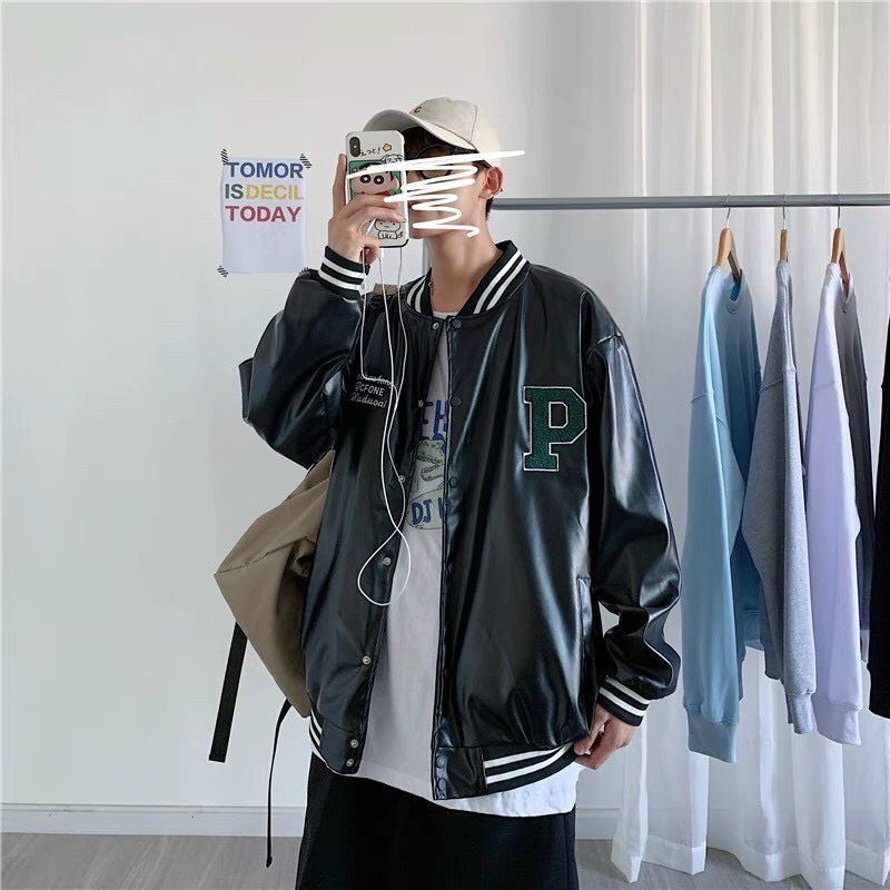 Áo Khoác Da Bomber Varsity Jacket Nam Nữ Full Đen Unisex Chữ Thêu