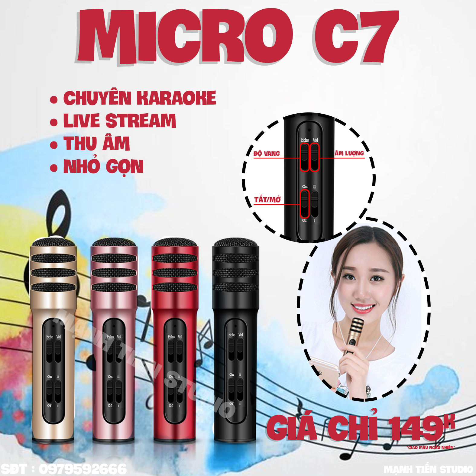 Micro thu âm C7 - Karaoke trên điện thoại không cần soundcard - Thu âm, livestream, karaoke online cực hay - Vỏ kim loại độ bền cao - Tặng kèm tai nghe nhét tai