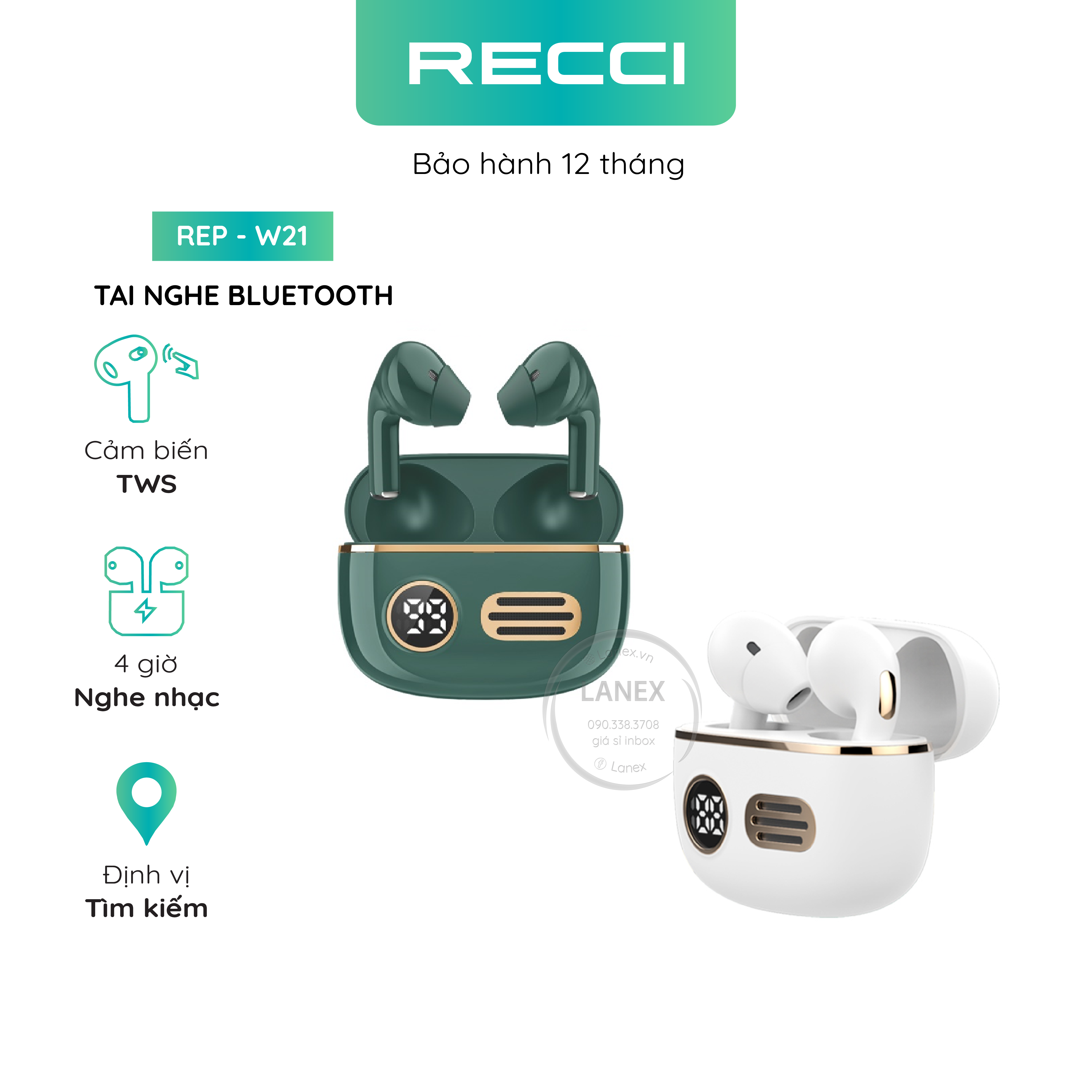 Tai nghe Bluetooth LANEX LEP-W21 V5.0 hỗ trợ mic cảm ứng TWS, phù hợp với nhiều thiết bị