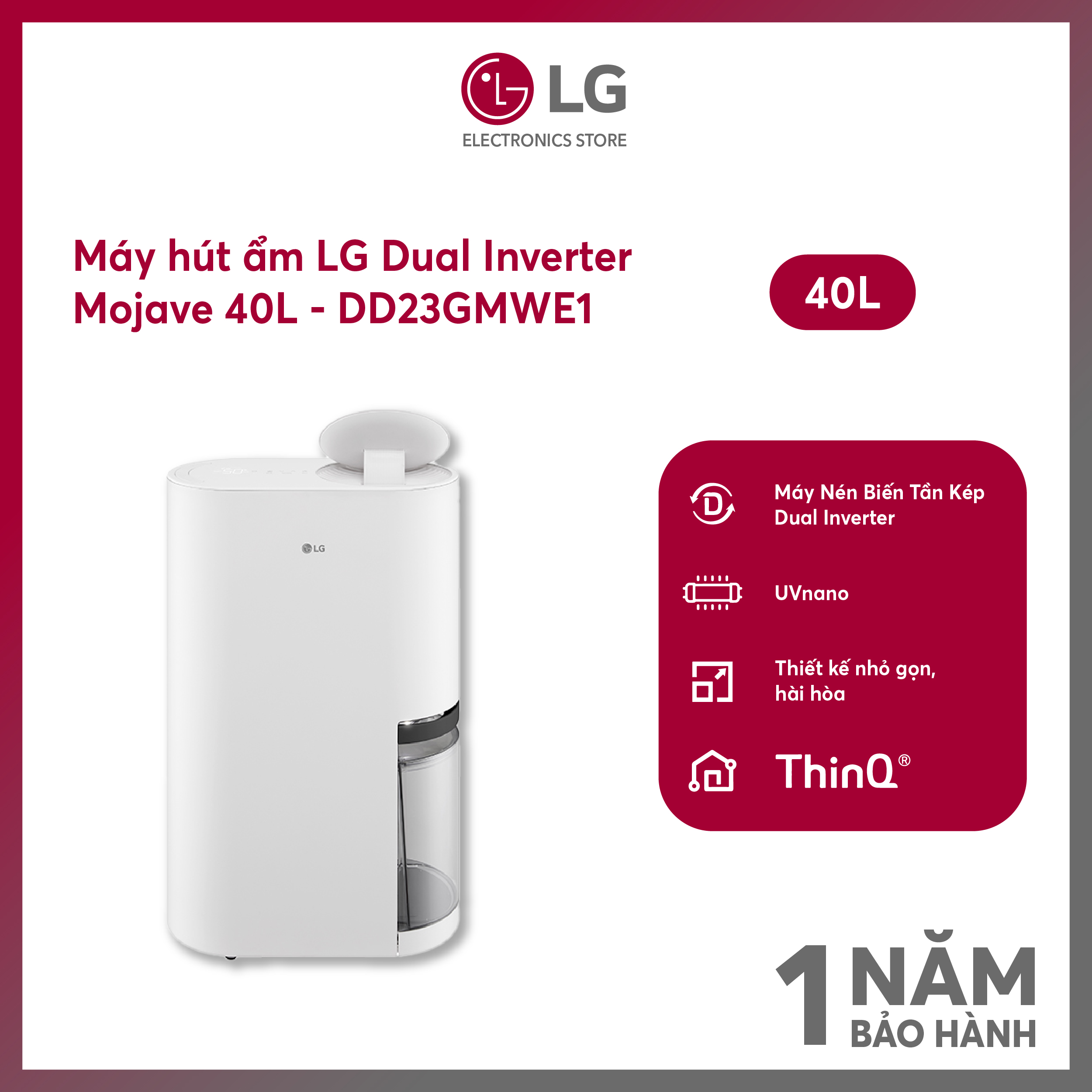 [MODEL 2025] Máy hút ẩm LG Dual Inverter 40L Mojave DD23GMWE1 | Hàng chính hãng | UVnano | LG ThinQ™