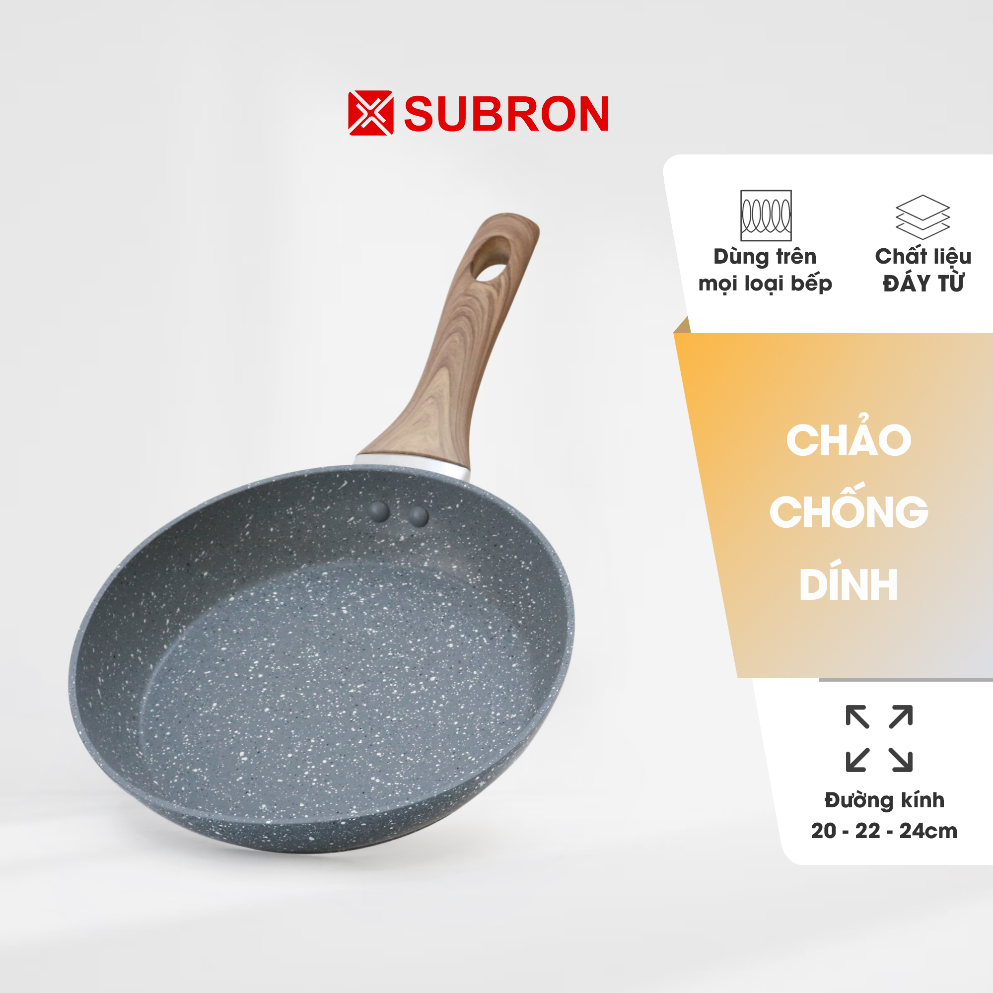 Chảo chống dính đáy từ, vân đá hoa cương, có tay cầm cách nhiệt TRD-20/ 22/ 24