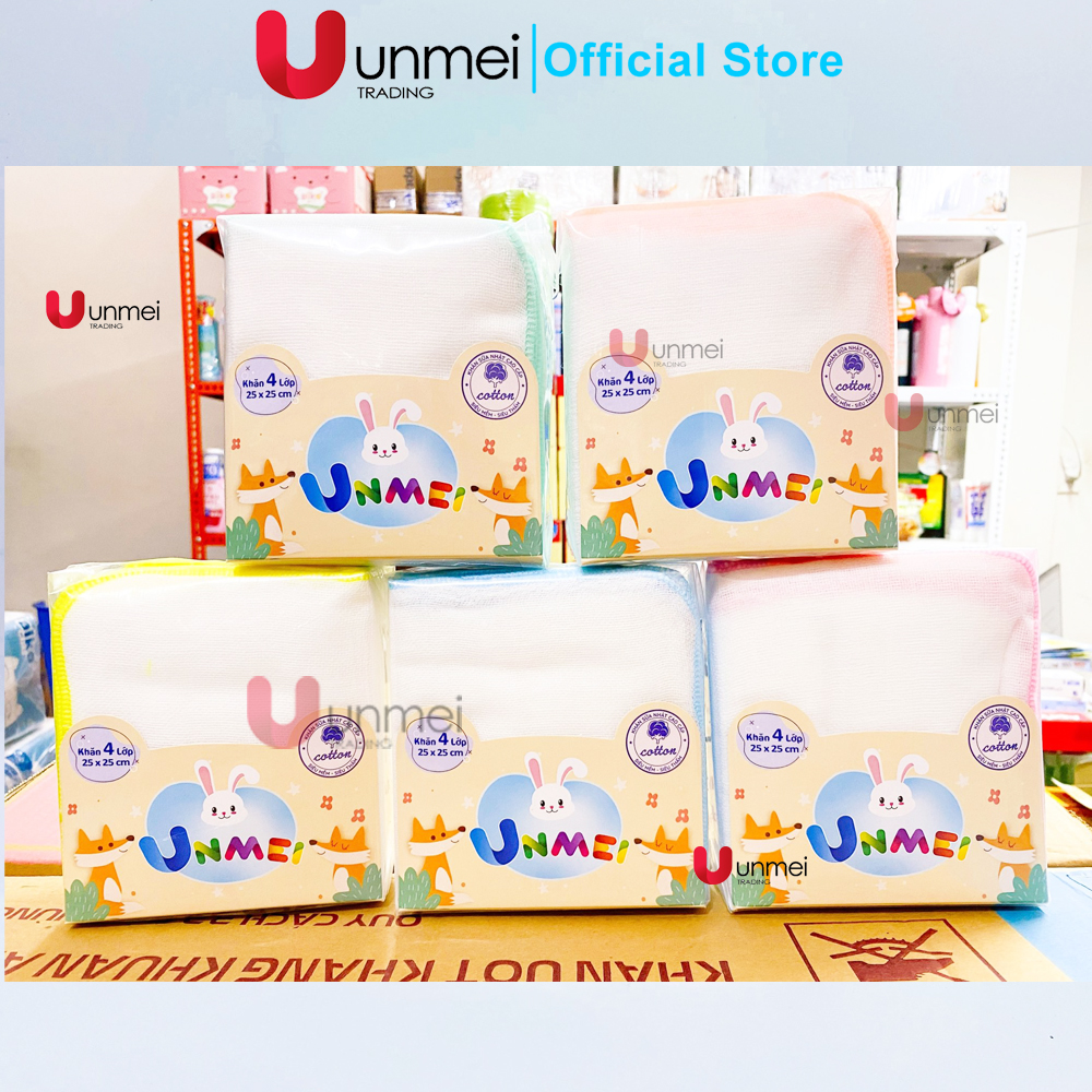 Khăn Sữa Xuất Nhật, Siêu Bền, Siêu Thấm UNMEI BỊCH 10 CÁI 100% Cotton Cao Cấp 4 lớp Kích Thước 25x25, 25x35, 25x28cm - Nhiều màu, Giao Màu Ngẫu Nhiên