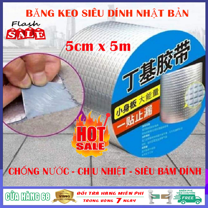 (Loại 5cmx5m) Băng keo siêu dính đa năng chống thấm Nhật Bản, băng keo chống dột, băng keo chống nước, băng keo chịu nhiệt, băng keo đa năng vá lỗ thủng, vá khe nứt tường, dán mái tôn, mái ngói, trần nhà, keo dán bê tông