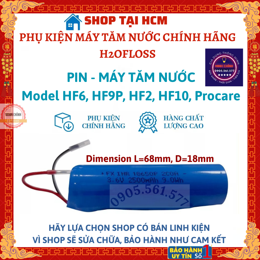Pin cho máy tăm nước h2ofloss hf6, hf6p, hf2p, hf9p, hf10 mini, 18650, 3.7v, 2500mah