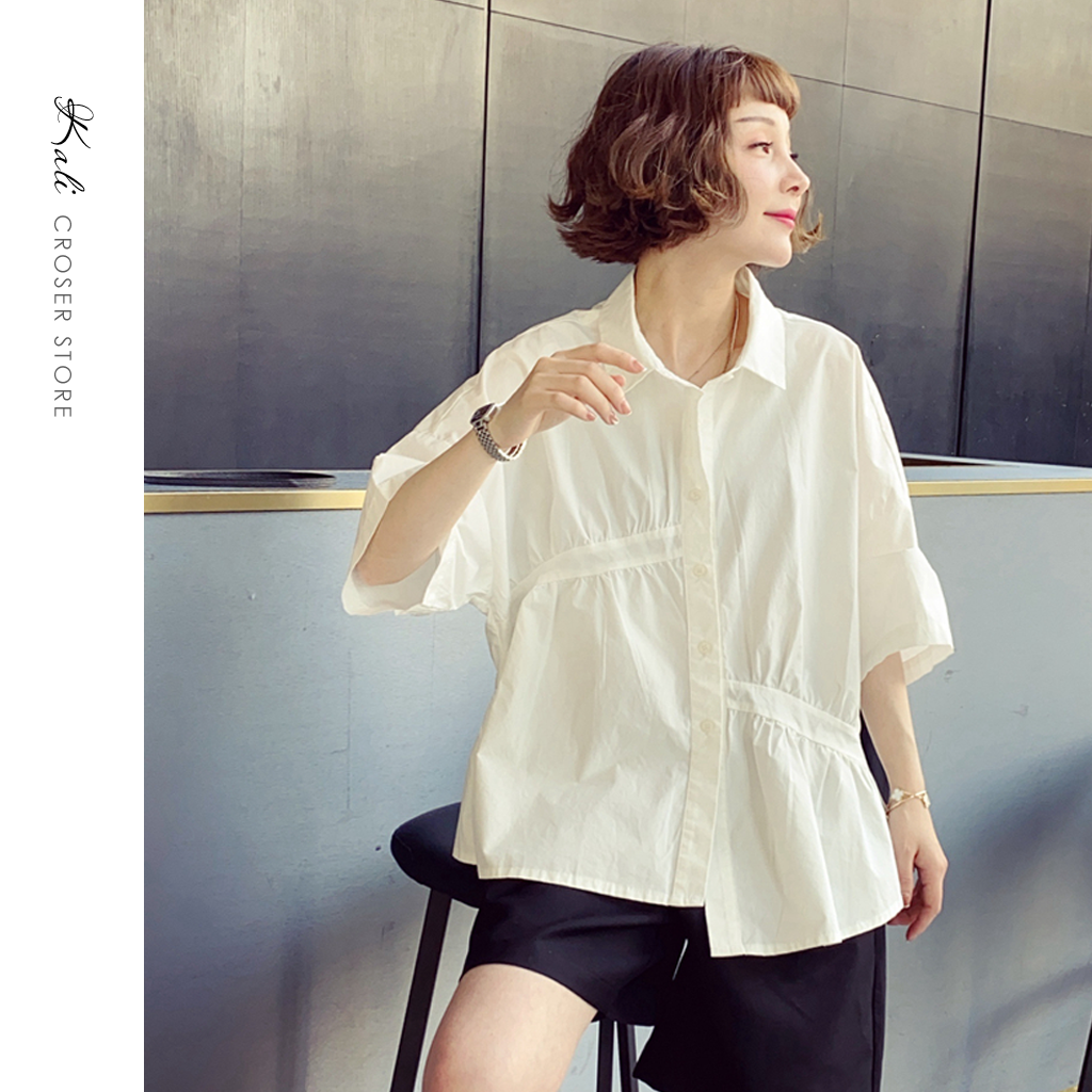 Áo Sơ Mi ngắn tay Lệch Vạt Cách điệu Freesize Dáng Rộng - Sơ Mi Trắng basic cổ điển - Kali. Closer Store