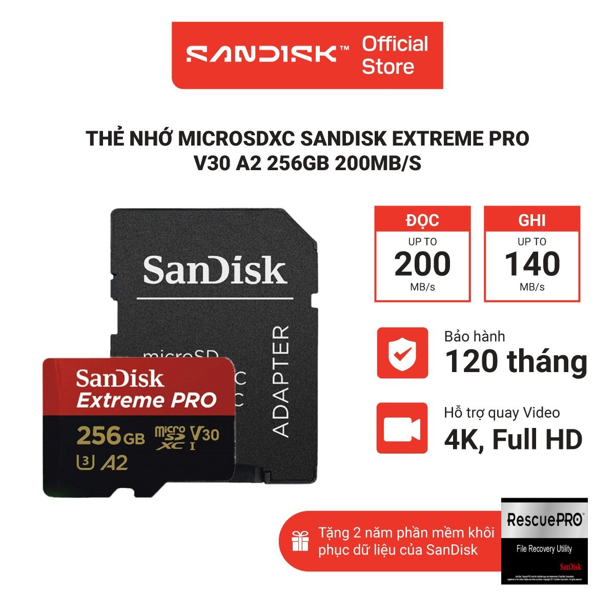 Thẻ Nhớ MicroSDXC SanDisk Extreme Pro V30 A2 64GB - 128GB - 256GB 200MB/s