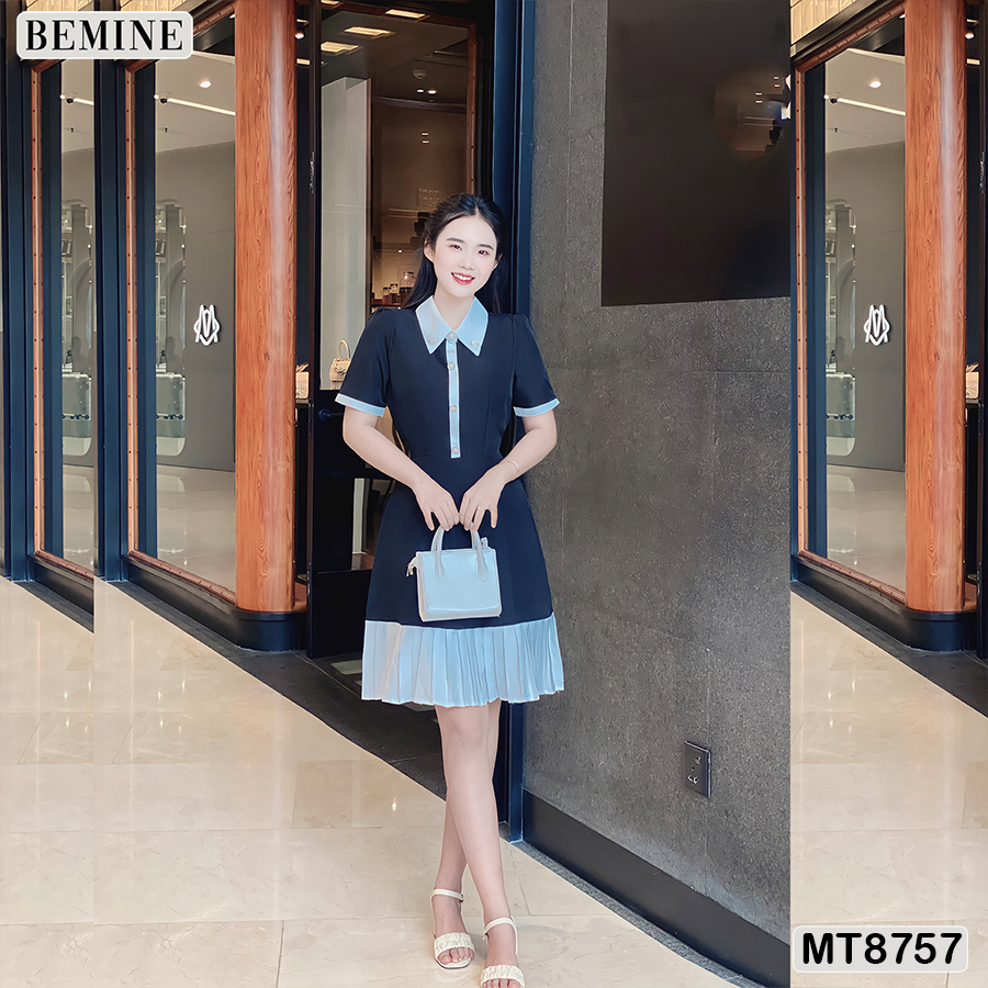 Đầm thiết kế cổ sơ mi phối tùng xếp ly bemine mt8757