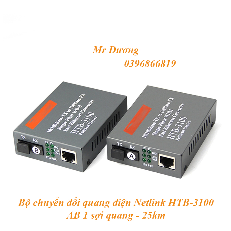Bộ chuyển đổi quang điện netlink htb-3100 ab single-mode chuẩn abb 1 sợi quang 25km chuẩn a