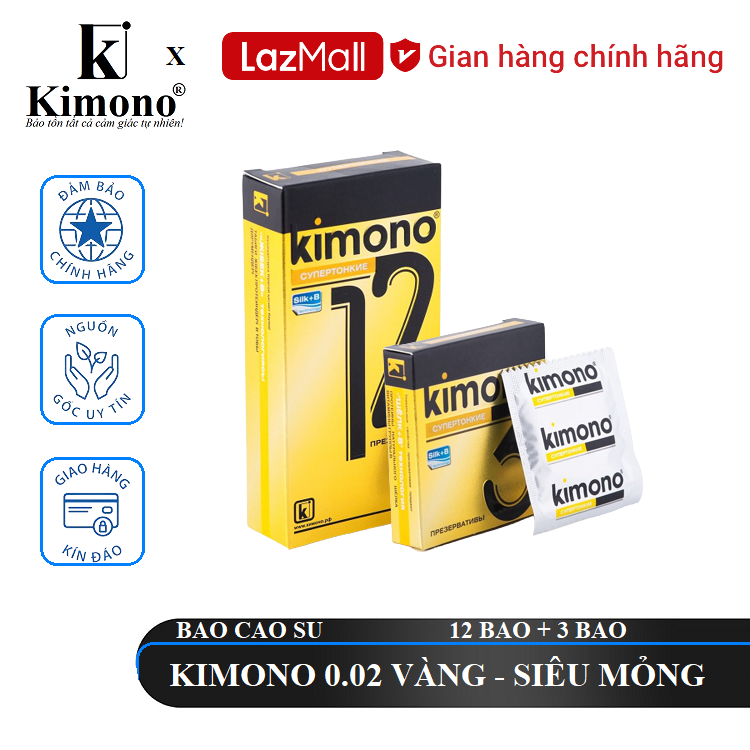 Bao cao su kimono 0.02 vàng 12 bao - siêu mỏng + bao cao su kimono 0.02 vàng 3 bao.