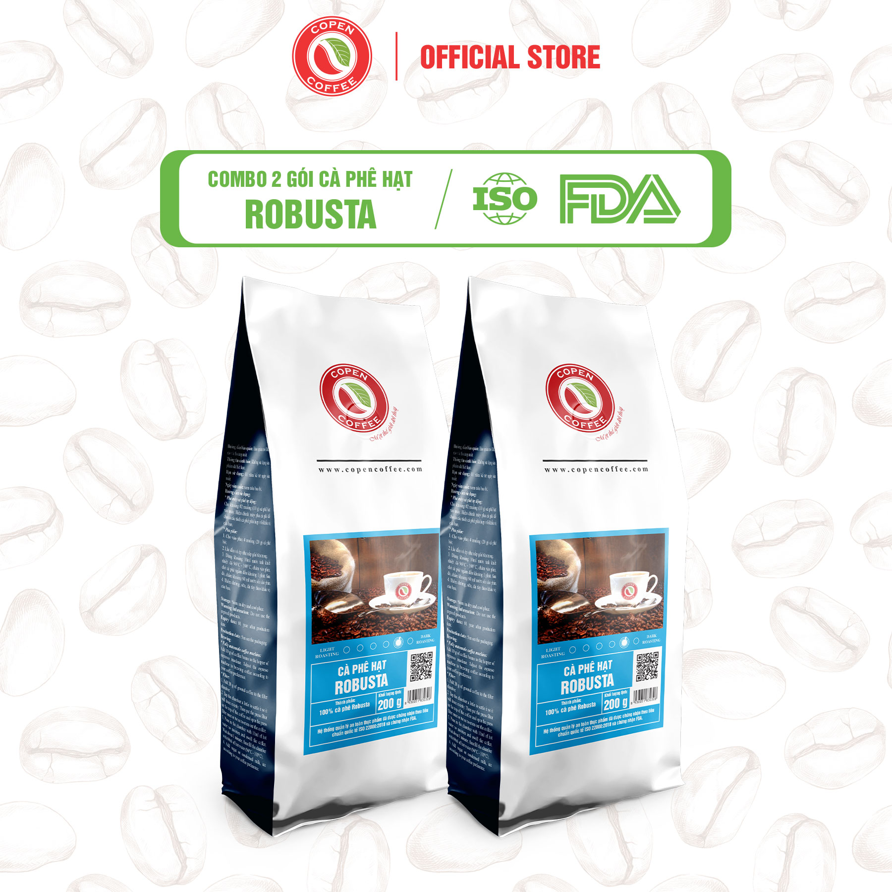  COMBO 2 GÓI Cà phê hạt Robusta gói 200g  ST  - Rang mộc - Đắng đậm - Pha máy pha phin - Copen Coffee 