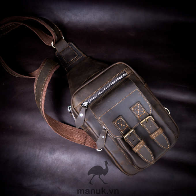 Túi đeo chéo da bò crazy horse Biker Bag nâu đen