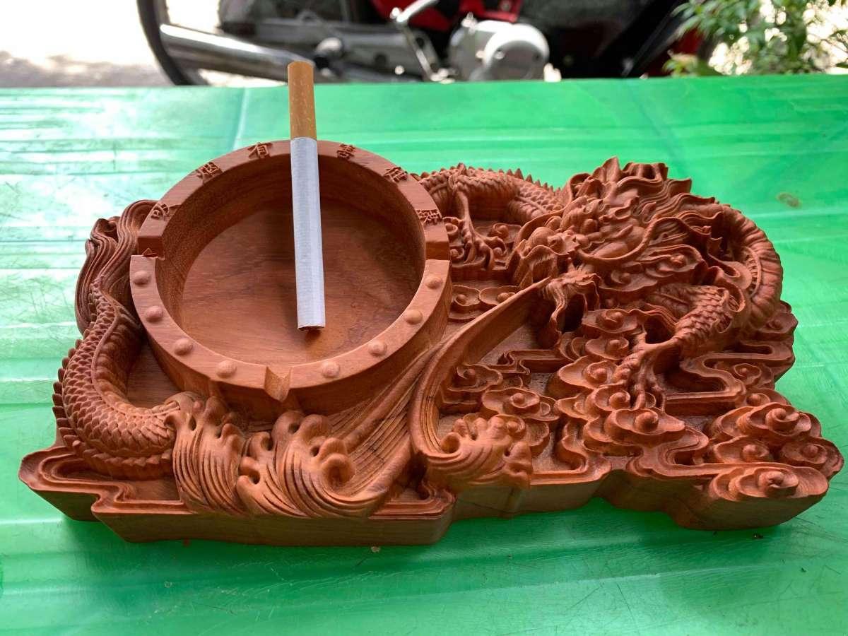 [HCM]Gạt Tàn Gỗ Hương Trạm Khắc Rồng Lửa Tinh Xảo Loại Siêu Dầy